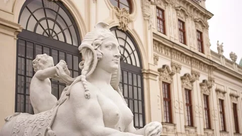 Sphinx statue in front of Belvedere palace in Vienna, Austria. Summer in Europe  Stock Footage 222020323