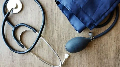 Sphygmomanometer and stethoscope for evaluation Stock Photos