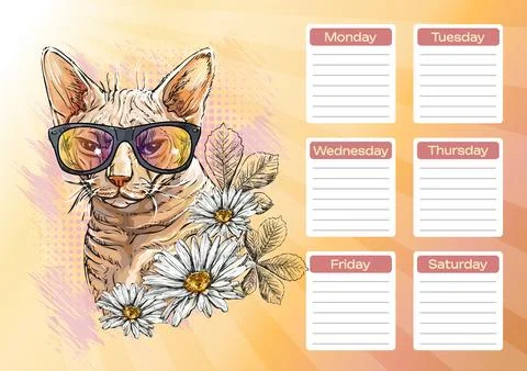 Sphynx cat with daisy flowers printable planner and school schedule vector Stock Illustration