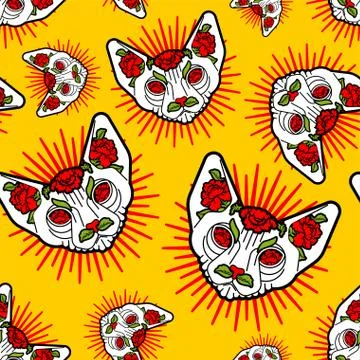 Sphynx cat with flowers pattern seamless. Pet and rose flower Tattoo backgrou Illustrazione stock