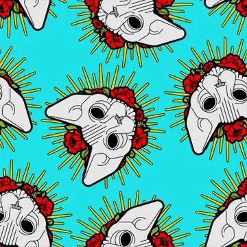 Sphynx cat with flowers pattern seamless. Pet and rose flower Tattoo backgrou Stock Illustration