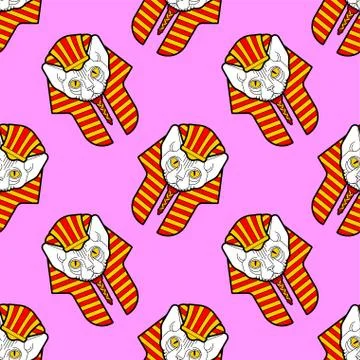 Sphynx cat in Nemes pattern seamless. Cat pharaoh background. Ancient Egypt o Stock Illustration
