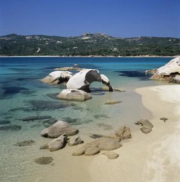 Spiaggia dell Elefante beach and the elephant rock, Cala di Volpe, Costa Stock Photos