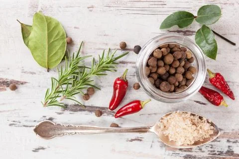 Spice and condiments background. Stock Photos