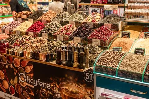 Spice and Tea Display Stand at Hayfene in Egyptian Bazaar Stock Photos