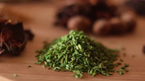 Spice background, top view.rotation all indian spices on wooden table,.Indian Stock Footage 142944199