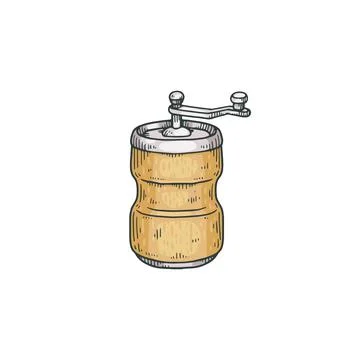 Spice grinder or pepper mill with handle engraving vector illustration isolated. Stock Illustration