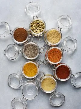 Spice jars from above Stock Photos