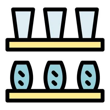 Spice jars and empty glasses resting on wooden shelves Stock Illustration