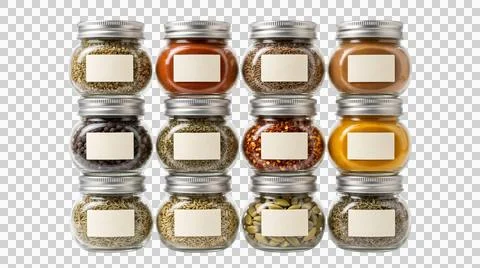 Spice jars arranged in grid for kitchen storage and cooking ingredients. Stock Photos