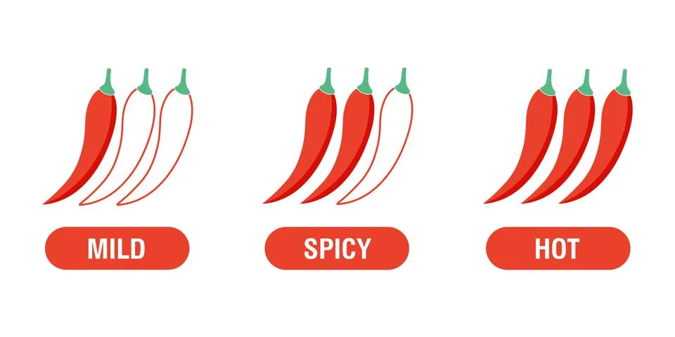 Spice level marks mild, spicy and hot. Red chili pepper. Symbol of pepper with Stock Illustration