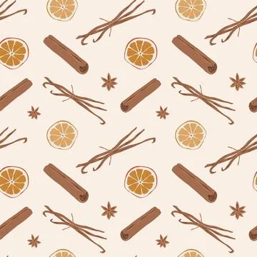 Spice pattern, cinnamon, vanilla and dried orange slice, anise stars Stock Illustration