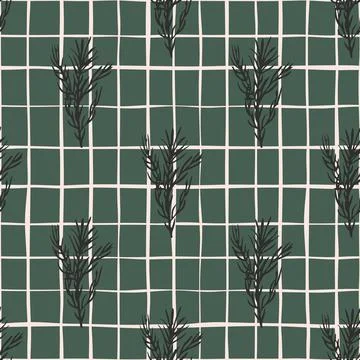 Spice seamless pattern with dark rosemary branches ornament. Green background Illustrazione stock