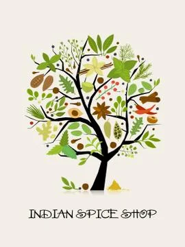 Spice shop, concept image, herbs and spices collection on tree for your design Stock Illustration