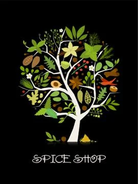 Spice shop, concept image, herbs and spices collection on tree for your design Stock Illustration