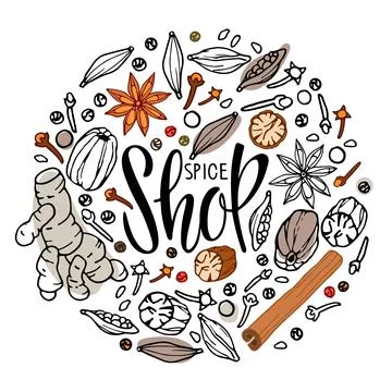 Spice Shop Logo. Round frame with Doodle Outline vector spices and lettering Illustrazione stock