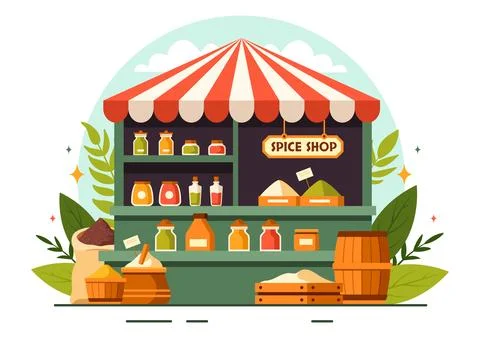 Spice Shop Vector Illustration With Different Hot Sauces, Condiment, Exotic.. Stock Illustration