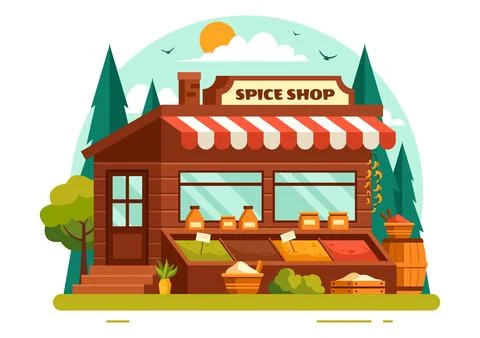 Spice Shop Vector Illustration With Different Hot Sauces, Condiment, Exotic.. Stock Illustration