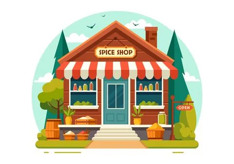 Spice Shop Vector Illustration With Different Hot Sauces, Condiment, Exotic.. Stock Illustration