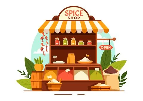 Spice Shop Vector Illustration With Different Hot Sauces, Condiment, Exotic.. Stock Illustration