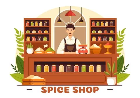 Spice Shop Vector Illustration With Different Hot Sauces, Condiment, Exotic.. Stock Illustration