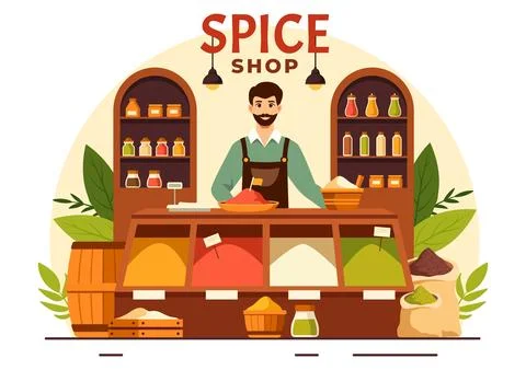 Spice Shop Vector Illustration With Different Hot Sauces, Condiment, Exotic.. Stock Illustration