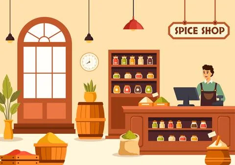 Spice Shop Vector Illustration With Different Hot Sauces, Condiment, Exotic.. Stock Illustration