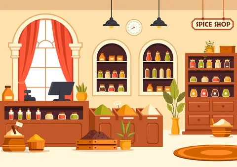 Spice Shop Vector Illustration With Different Hot Sauces, Condiment, Exotic.. Stock Illustration
