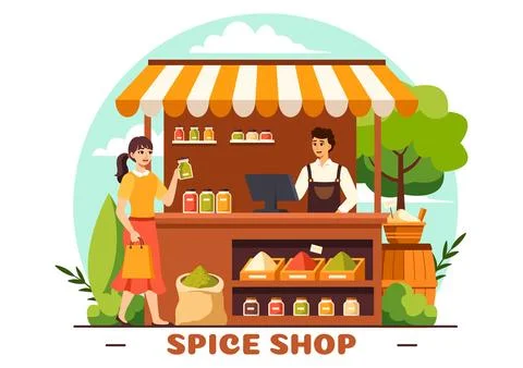 Spice Shop Vector Illustration With Different Hot Sauces, Condiment, Exotic.. Stock Illustration