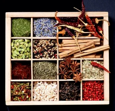 Spice Spices in Wooden Box Stock Photos