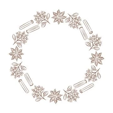 Spice wreath frame with cinnamon stick, star anise and herb in line art style Illustrazione stock