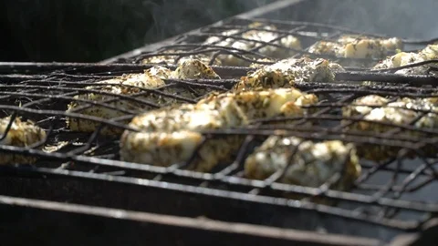 Spiced cheese on grill on sunny day filled with smoke Stock Footage