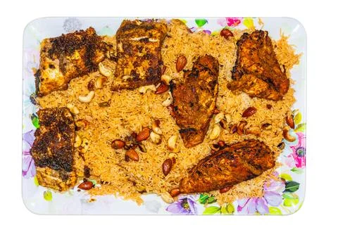Spiced Fish with Nut Rice on Serving Tray Stock-Fotos