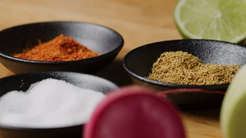 Spices and citruses on table macro shot Stock Footage 128483641