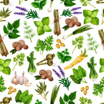 Spices and herbs seamless vector pattern Stock Illustration