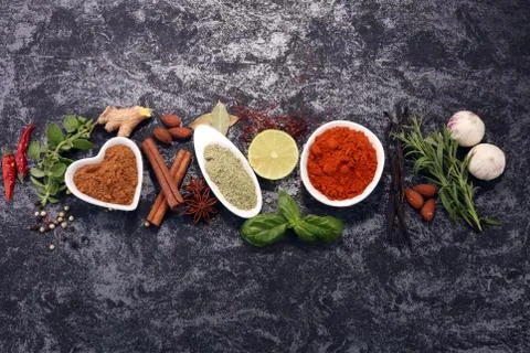 Spices and herbs on table. Food and cuisine ingredients. Foto stock