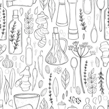Spices and herbs. Vector   pattern. Stock Illustration