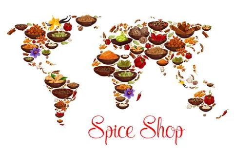 Spices and herbs on vector world map Stock Illustration