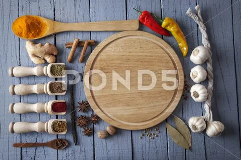 Spices And Herbs In Wooden Spoons. Food And Cuisine Ingredients