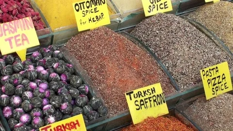 Spices and teas in the Turkish bazaar. Stock Footage 75802622