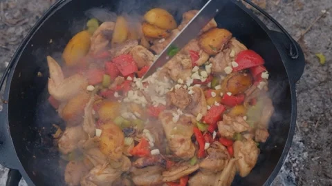 Spices are added to the dish in the cauldron. Shot of adding spices to a dish Stock Footage 280354886