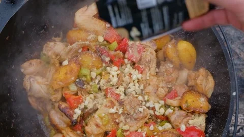Spices are added to the dish in the cauldron. Shot of adding spices to a dish Stock Footage 307313922