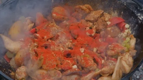 Spices are added to the dish in the cauldron. Shot of adding spices to a dish Stock Footage 307313989