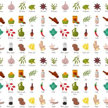 Spices condiments seamless pattern backgroun seasoning food herbs decorative Stock Illustration