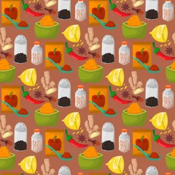 Spices condiments seamless pattern backgroun seasoning food herbs decorative Illustrazione stock