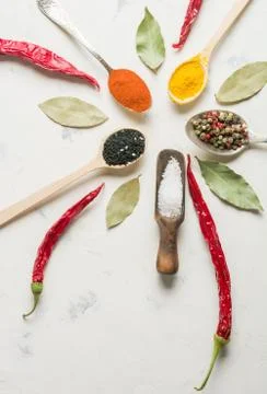 Spices in different spoons on a stone white background. Stock Photos
