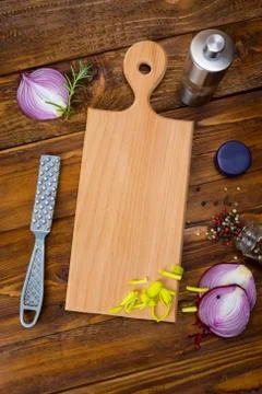 Spices frame on wooden table 库存照片