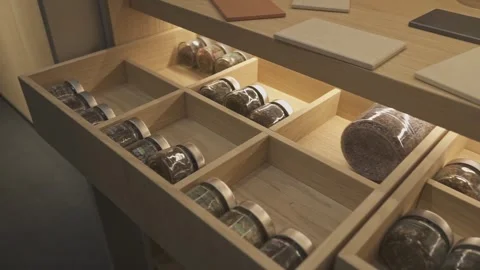 Spices in jars in the kitchen cupboard Stock Footage 270163969