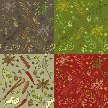 Spices kitchen pattern Seamless pattern with different spices in four colo... 스톡 사진