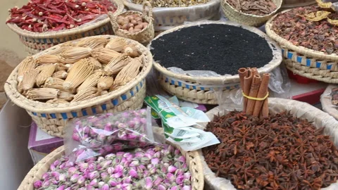 Spices on outdoor table of store counter in Fez city Stock Footage 89661357